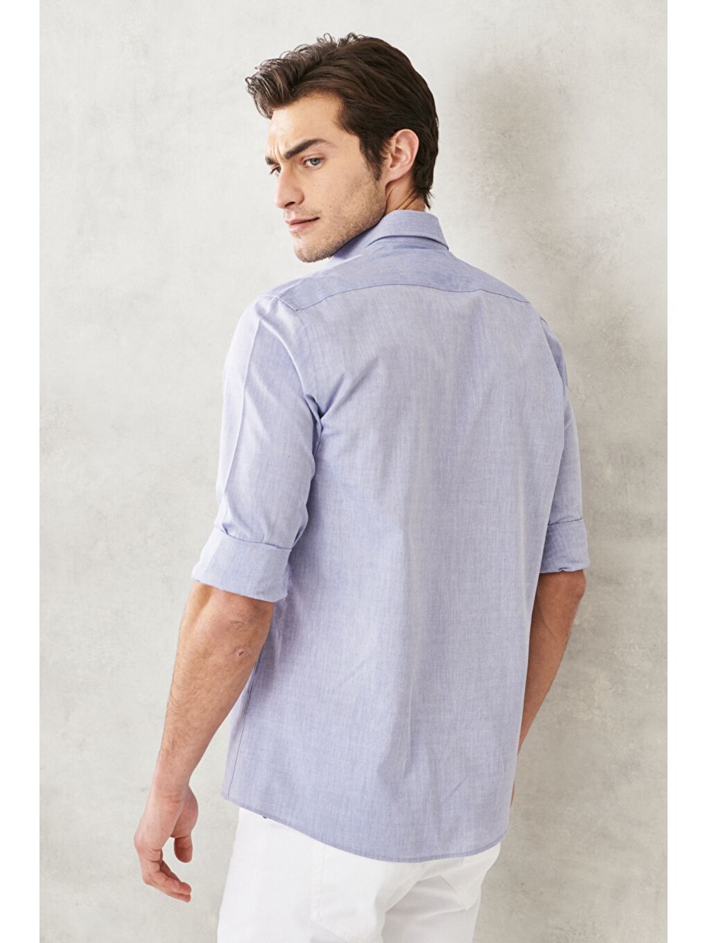 Erkek Açık Lacivert Düğmeli Yaka %100 Pamuk Düz Casual Gömlek-5