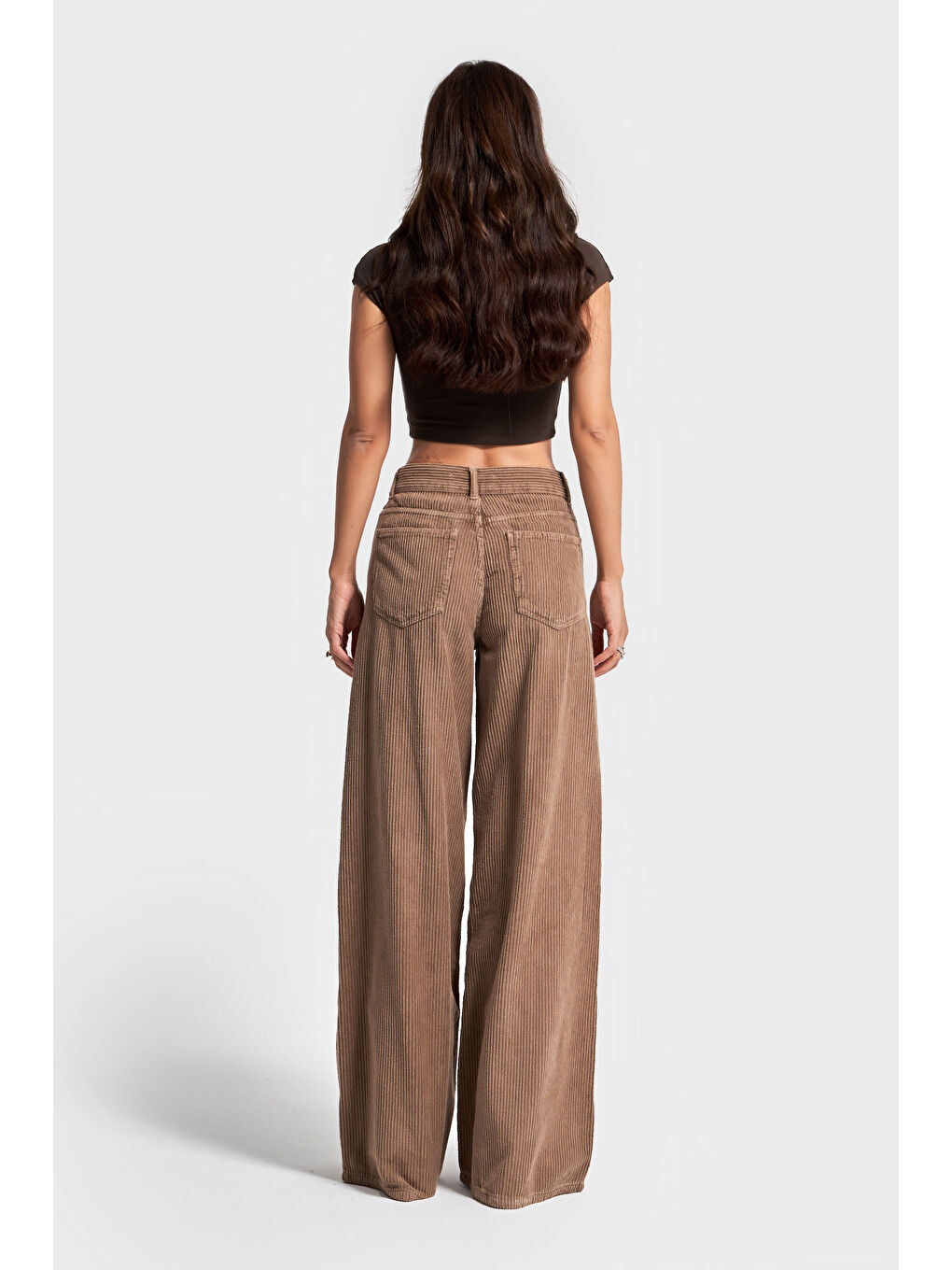 Kadın Kahverengi Hera 29w5-29 Palazzo Fit Kalın Fitilli Velvet Kadife Kumaş Pantolon-4