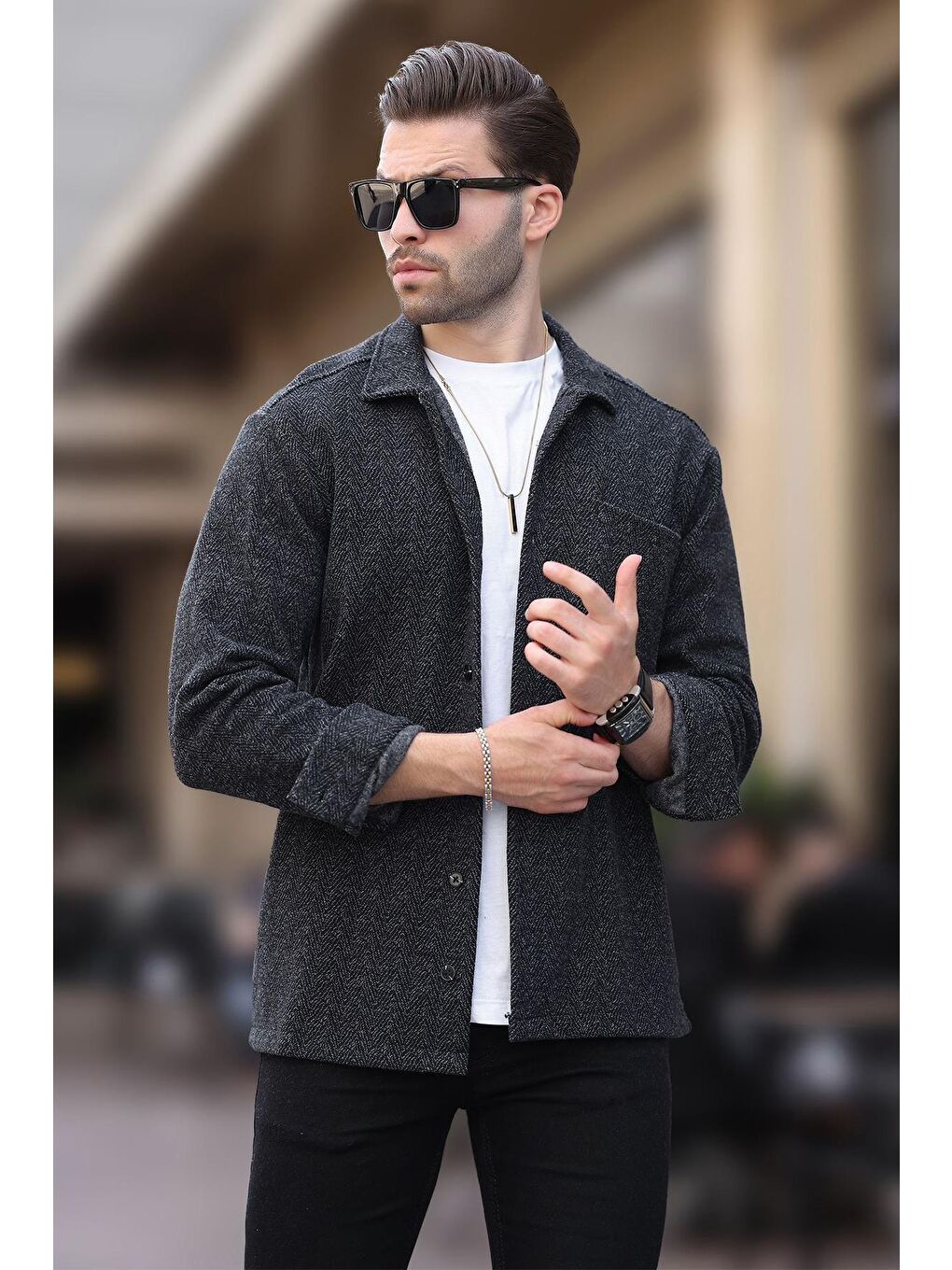 Siyah Desenli Tek Cep Erkek Polar Gömlek 6752-1