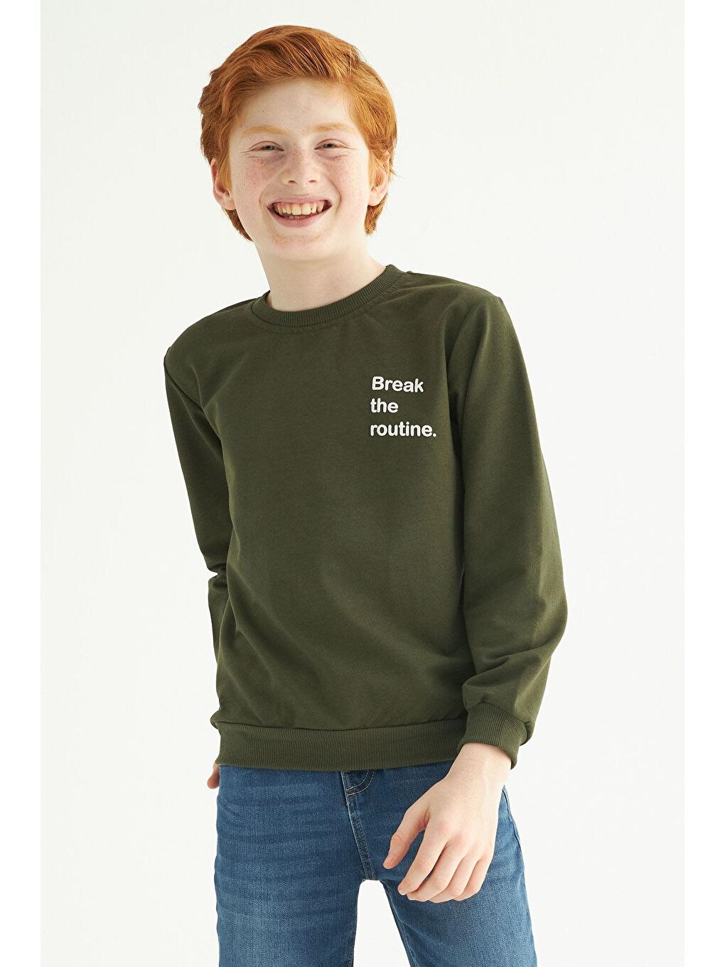 Haki Bisiklet Yaka Yazı Baskılı Erkek Çocuk Sweatshirt-2