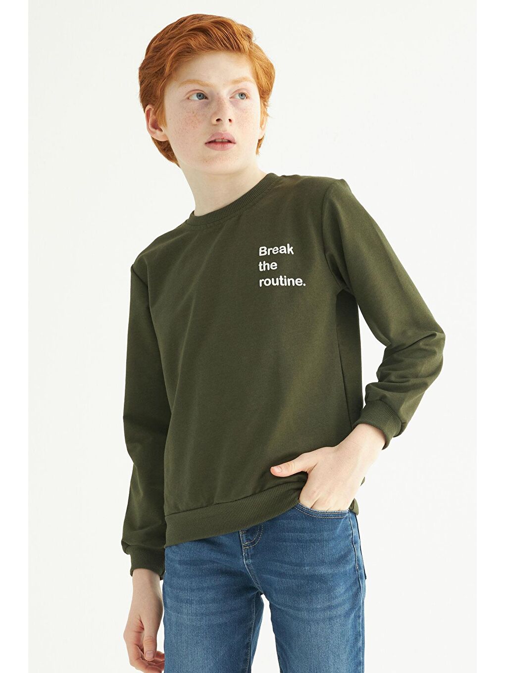 Haki Bisiklet Yaka Yazı Baskılı Erkek Çocuk Sweatshirt-3