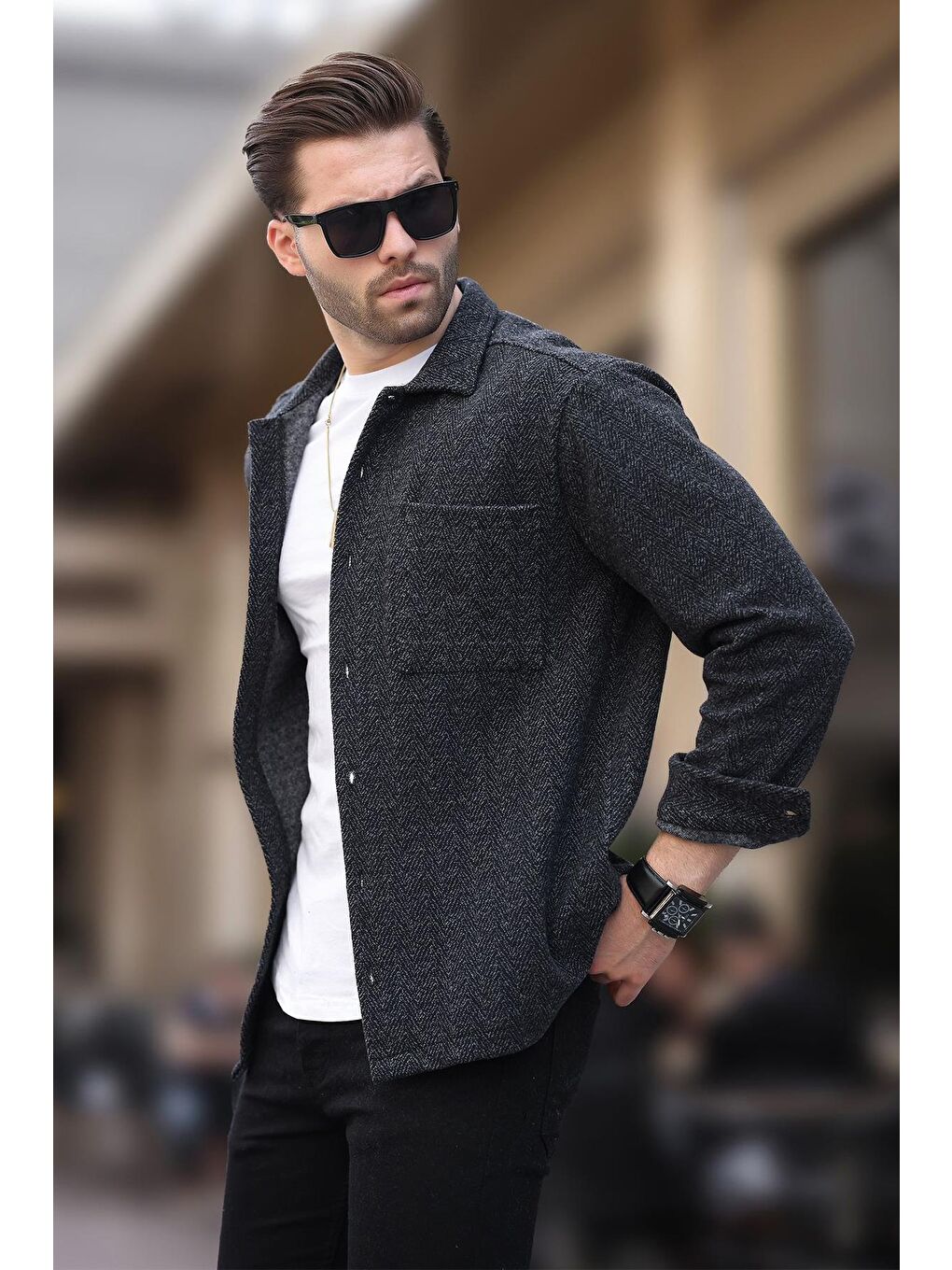 Siyah Desenli Tek Cep Erkek Polar Gömlek 6752-2