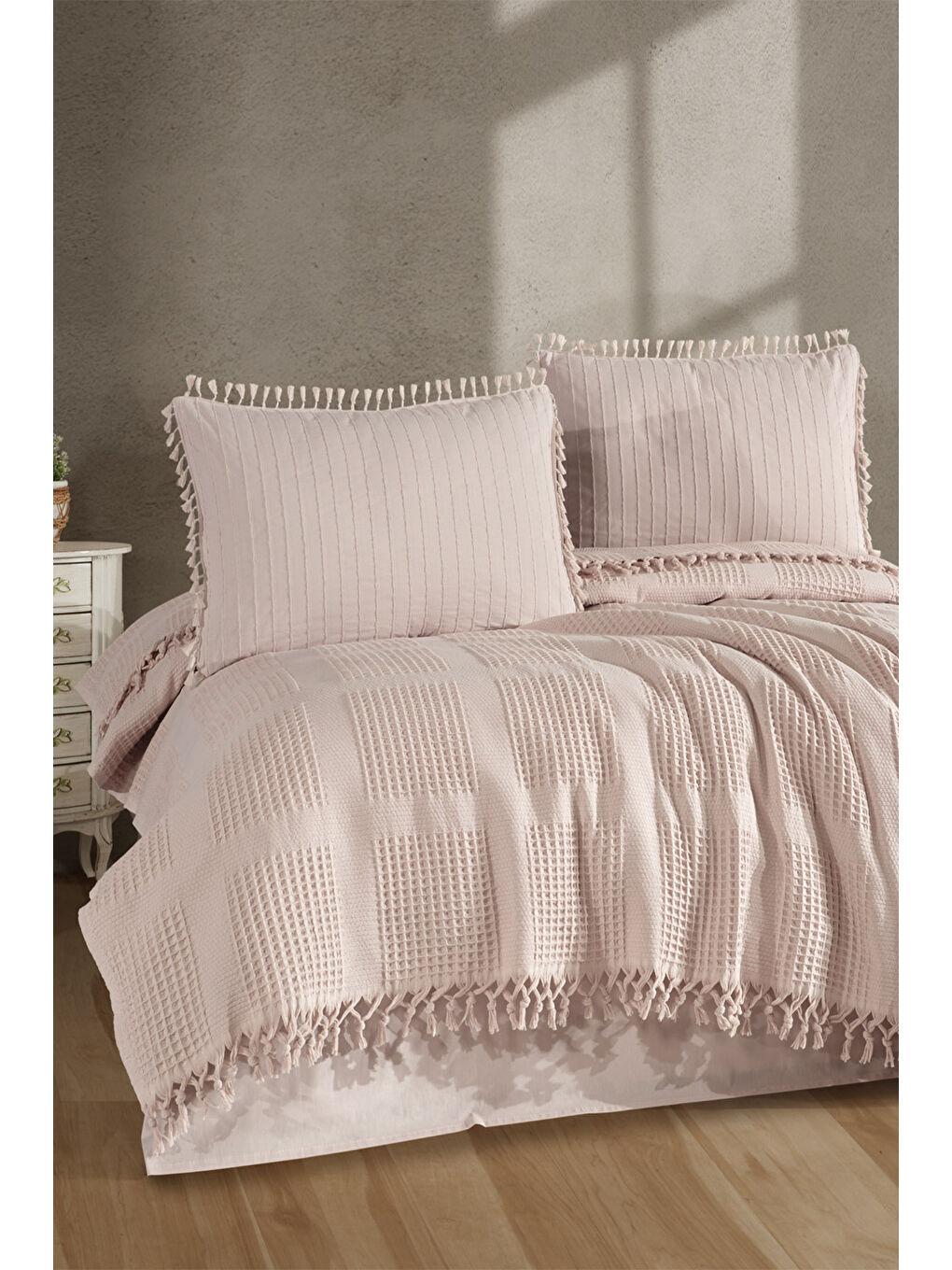 Gri %100 Pamuk Çift Kişilik Püsküllü Pike Takımı Velda Taş Rengi