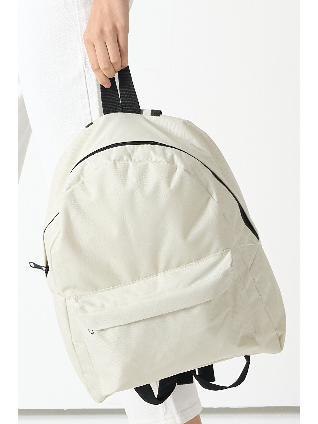 Ekru Unisex Krem Önü Fermuarlı İki Bölmeli Sırt Çantası-2