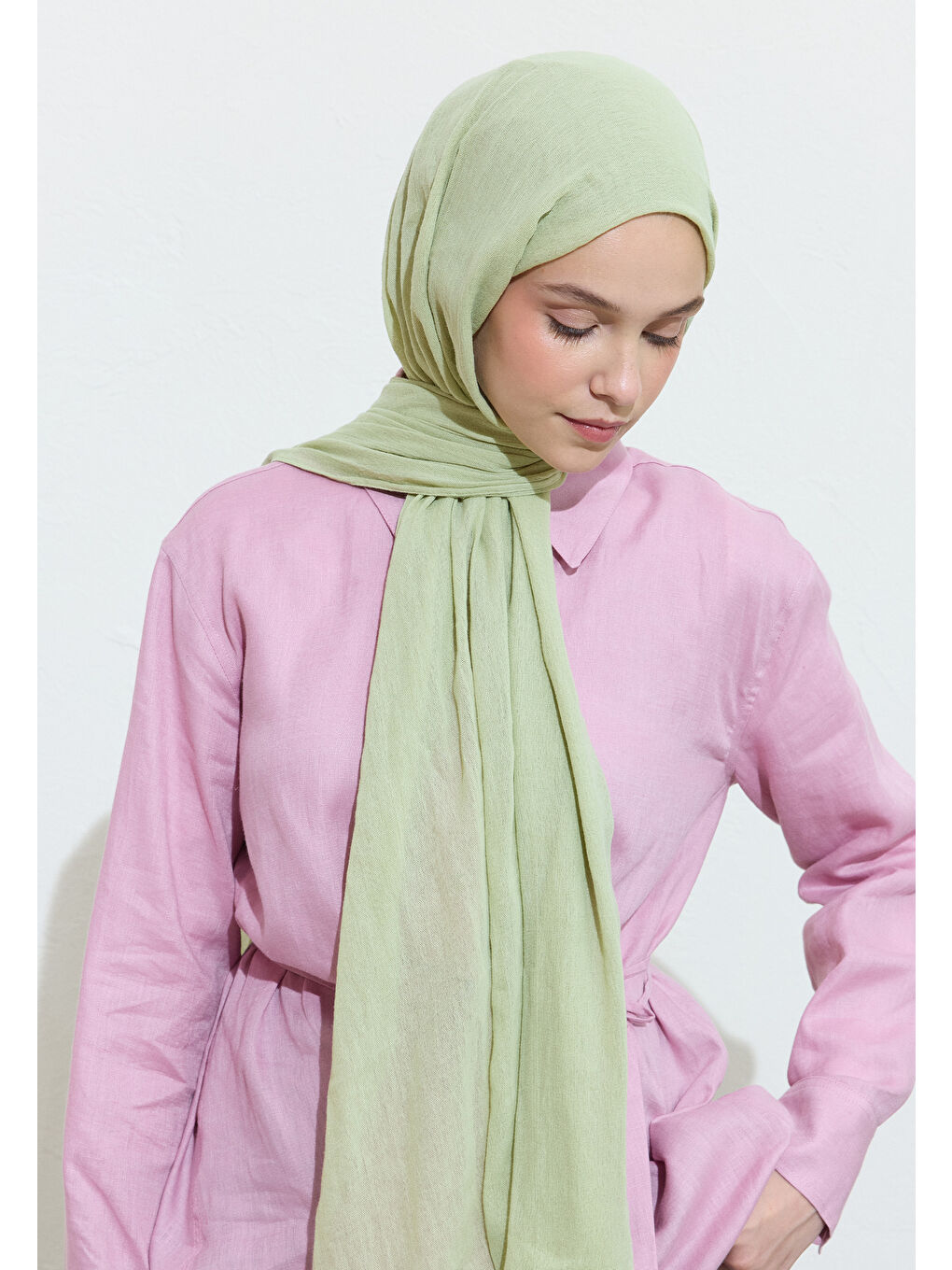 Yeşil PAMUKLU KETEN ŞAL PISTACHIO MACARON-3