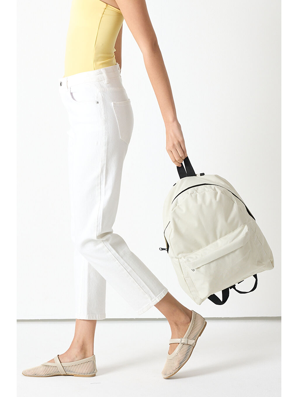Ekru Unisex Krem Önü Fermuarlı İki Bölmeli Sırt Çantası-3