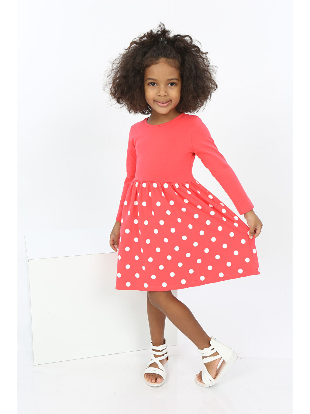 Kırmızı Kız Çocuk Etek Puantiye Baskılı Elbise-3