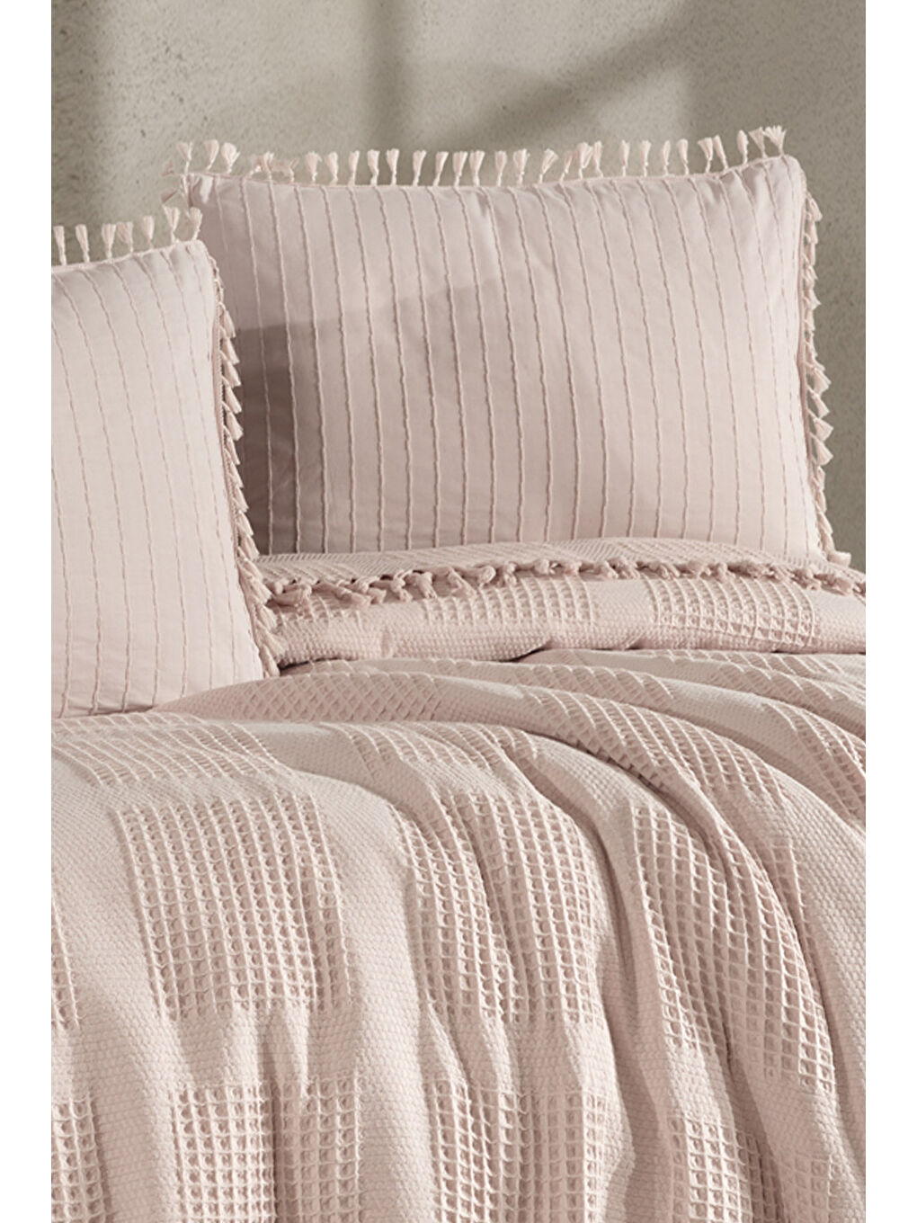 Gri %100 Pamuk Çift Kişilik Püsküllü Pike Takımı Velda Taş Rengi-1