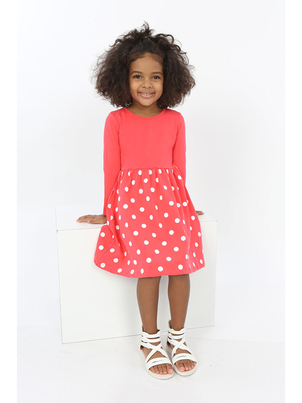 Kırmızı Kız Çocuk Etek Puantiye Baskılı Elbise-4