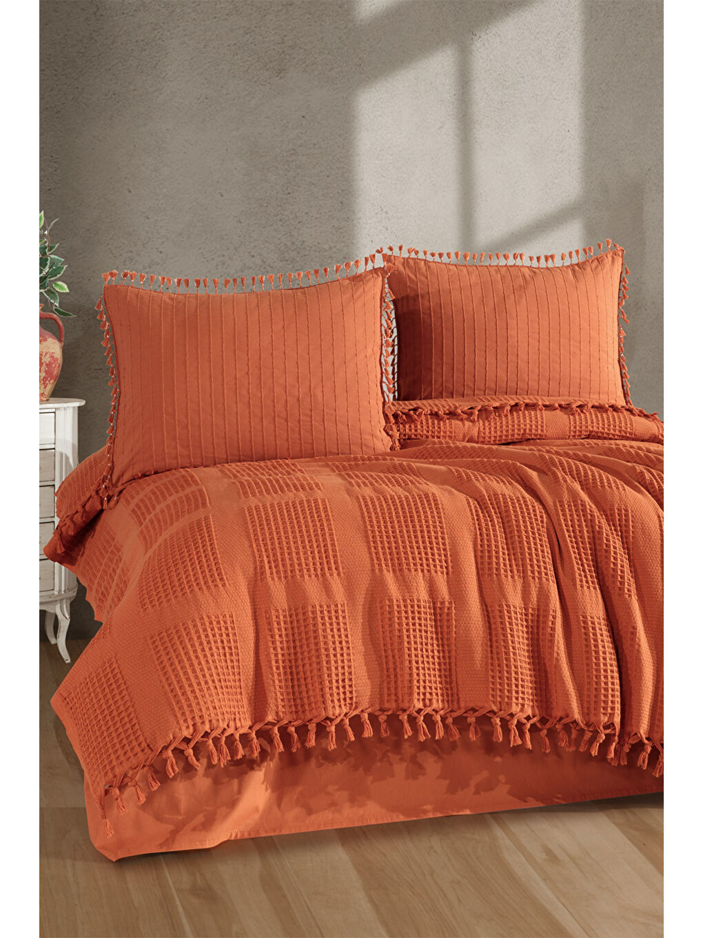 Kahverengi %100 Pamuk Çift Kişilik Püsküllü Pike Takımı Velda Kiremit