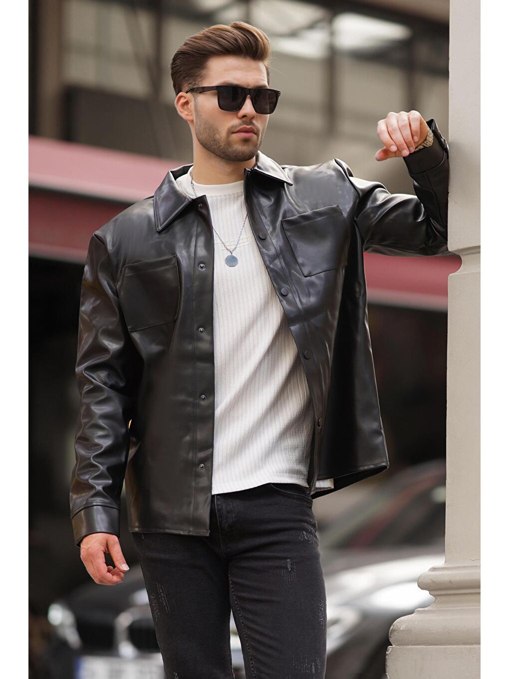 Siyah Cep Detaylı Suni Deri Düğmeli Gömlek Yaka Ceket 7218-1