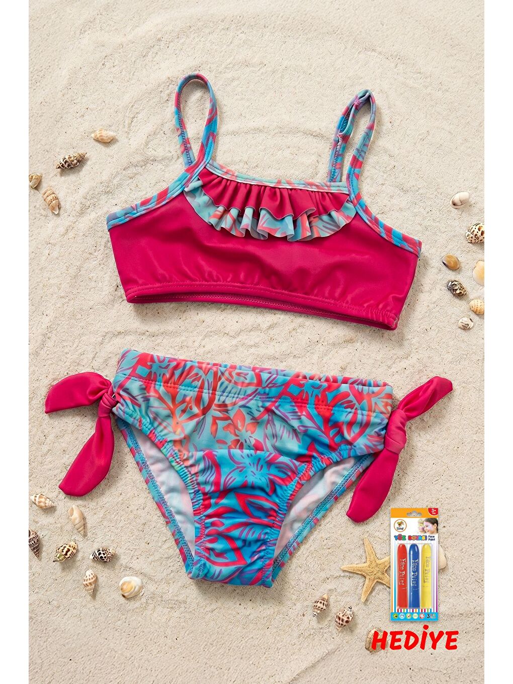 Fuşya Kız Çocuk Renkli Tropik Desen Bikini Takımı-1