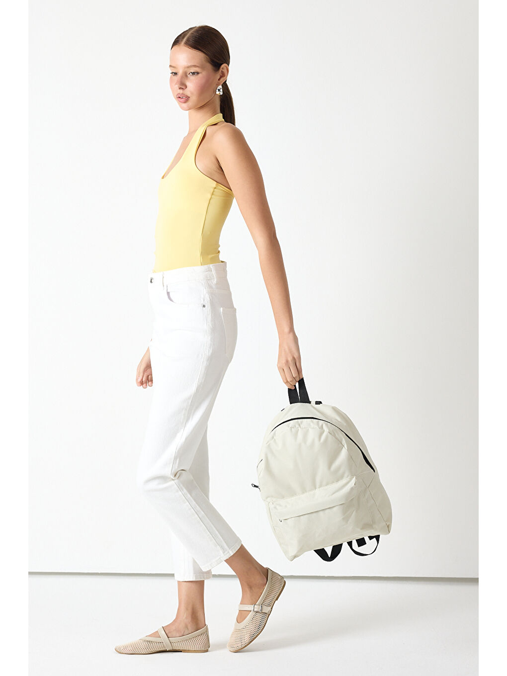 Ekru Unisex Krem Önü Fermuarlı İki Bölmeli Sırt Çantası-4