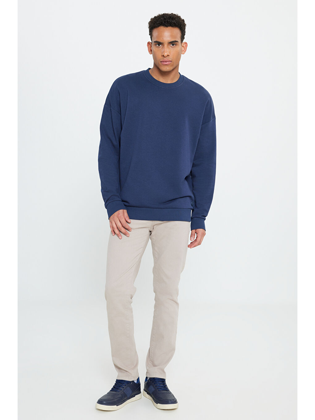 Erkek Lacivert Oversize Bol Kesim 3 İplik Bisiklet Yaka Pamuklu Sweatshirt-1