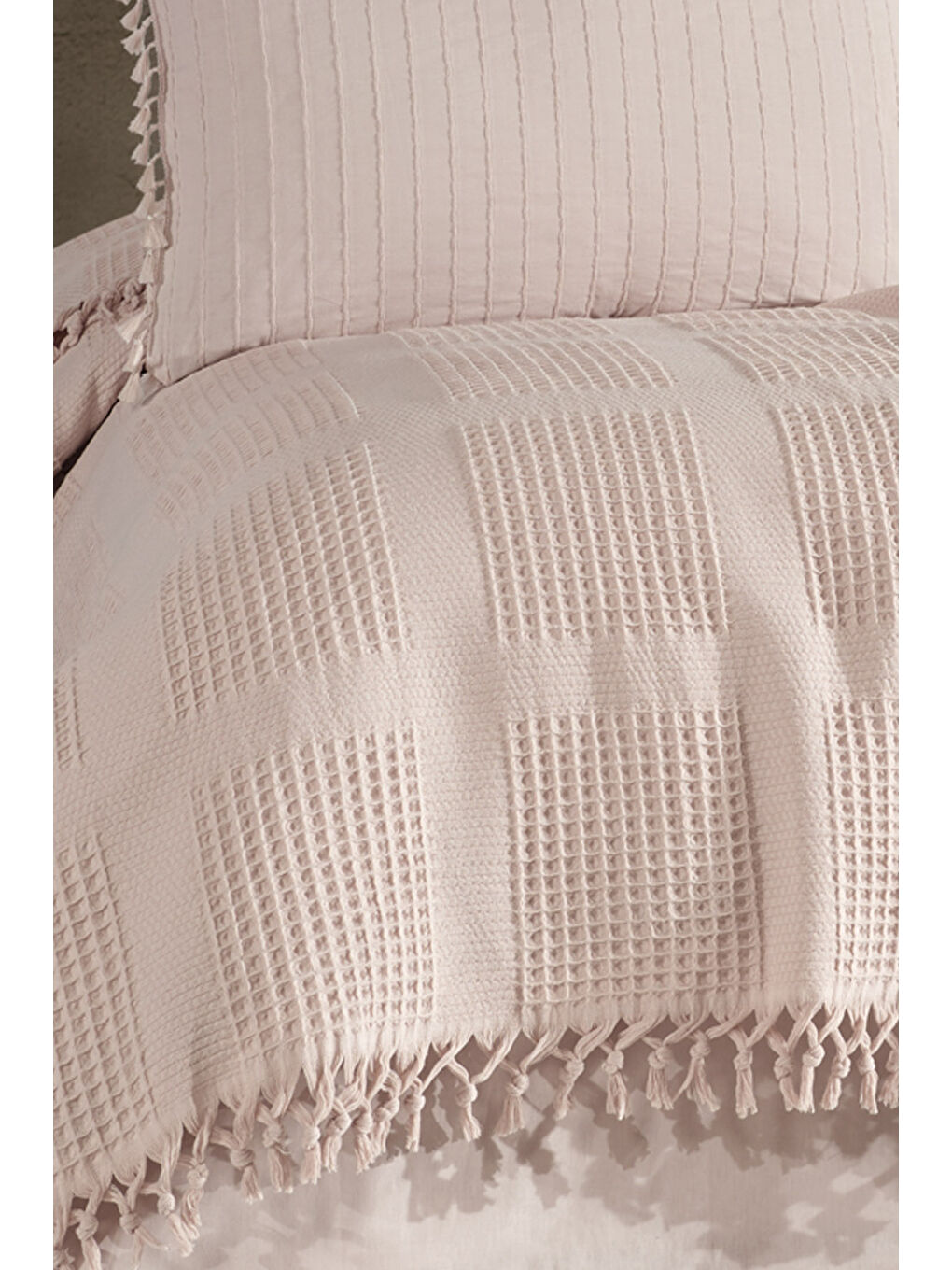 Gri %100 Pamuk Çift Kişilik Püsküllü Pike Takımı Velda Taş Rengi-2