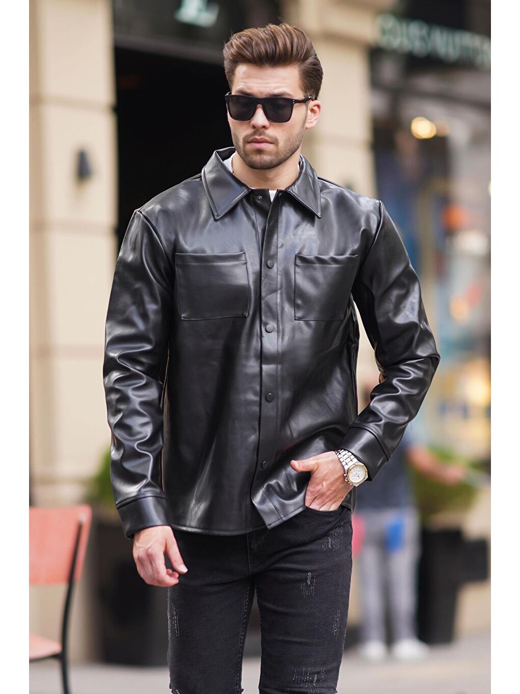 Siyah Cep Detaylı Suni Deri Düğmeli Gömlek Yaka Ceket 7218-2