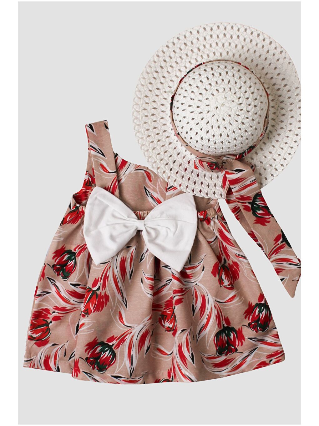 Bej Şapkalı Fiyonklu Kız Bebek Elbisesi