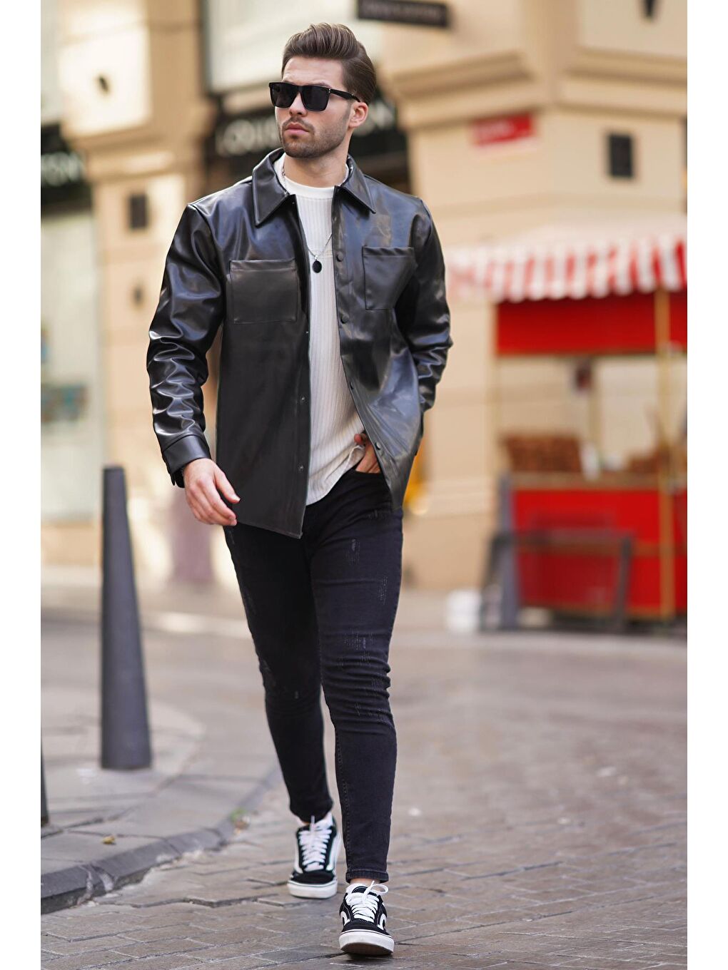 Siyah Cep Detaylı Suni Deri Düğmeli Gömlek Yaka Ceket 7218-3