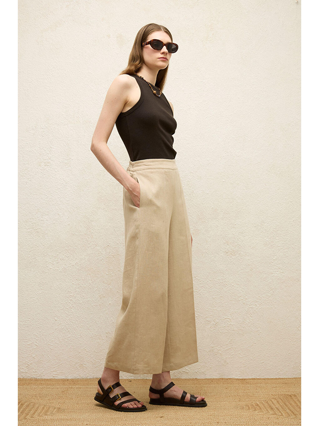 Bej ÜTÜ İZLİ KETEN PANTOLON NATURAL-1