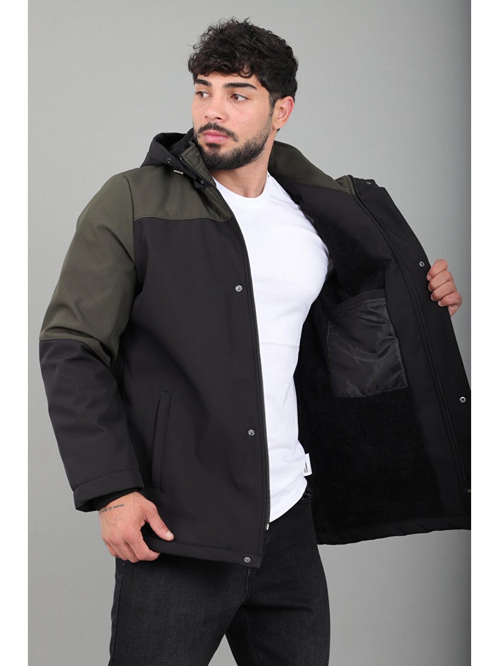 Haki Parçalı Outdoor Softshell Kışlık Mont Pldp 3038_50513-2
