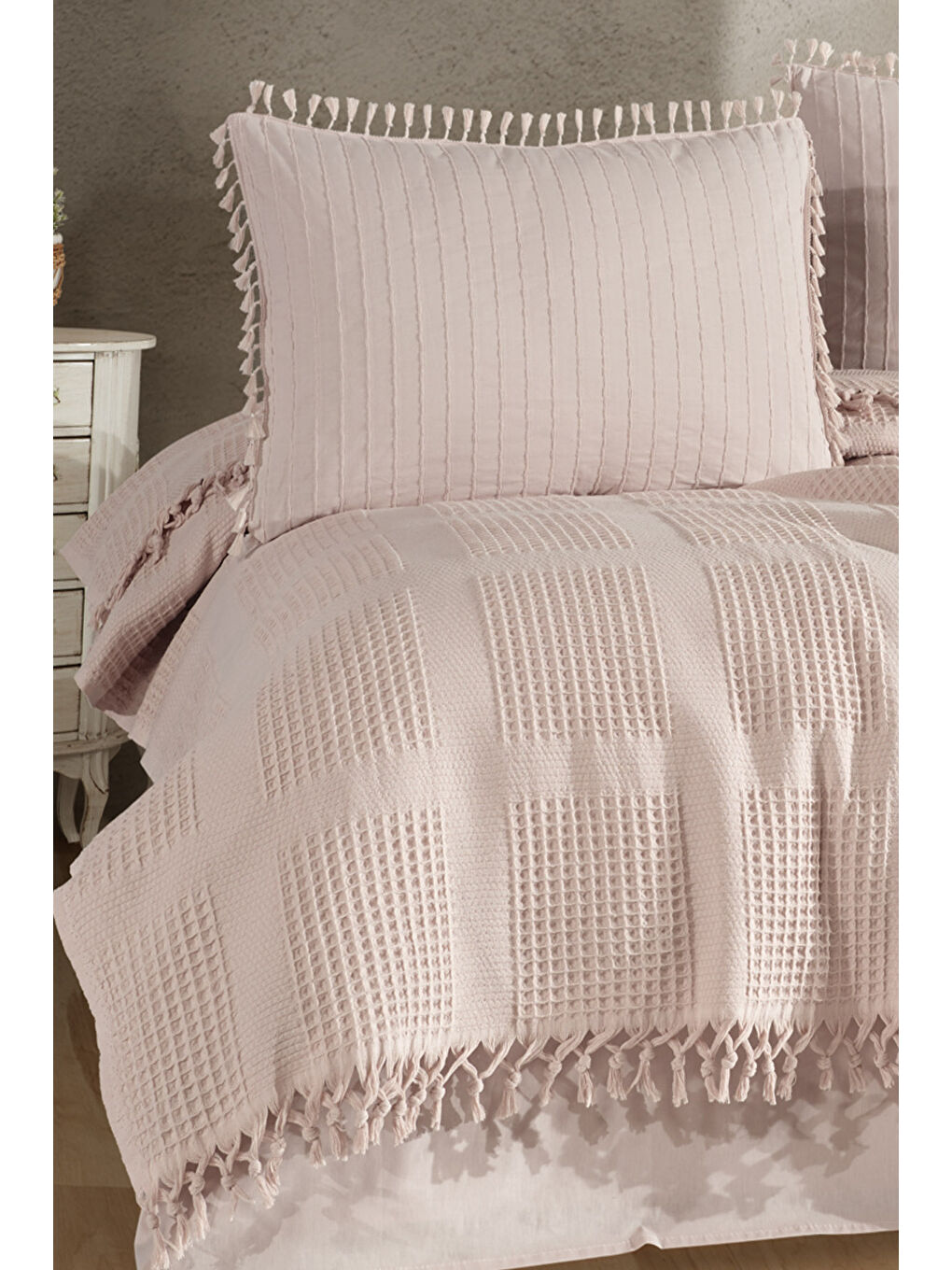 Gri %100 Pamuk Çift Kişilik Püsküllü Pike Takımı Velda Taş Rengi-3