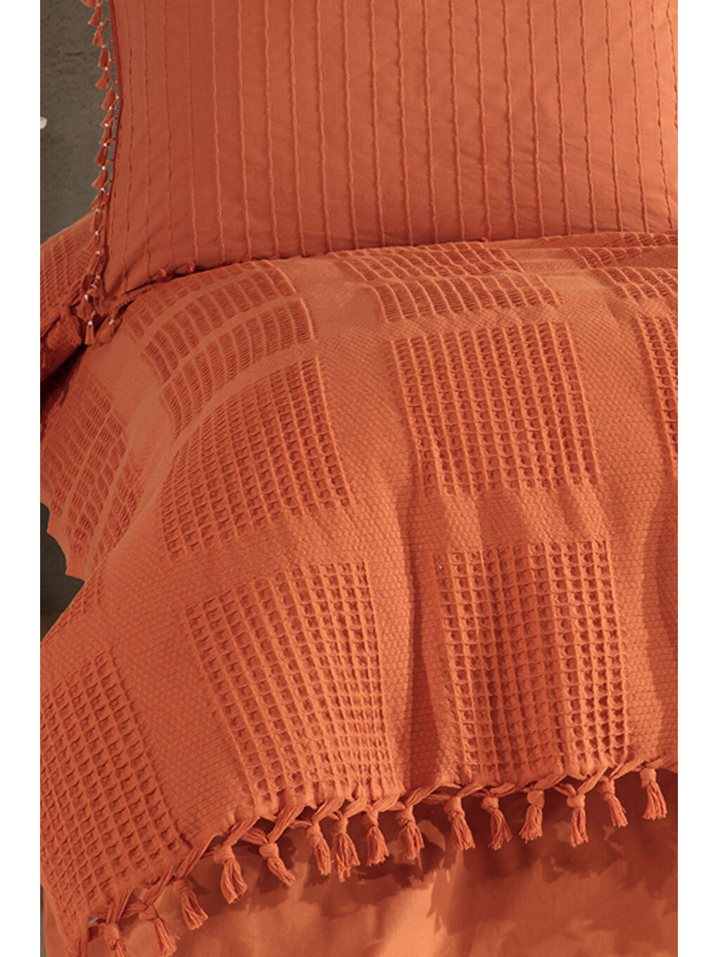 Kahverengi %100 Pamuk Çift Kişilik Püsküllü Pike Takımı Velda Kiremit-1