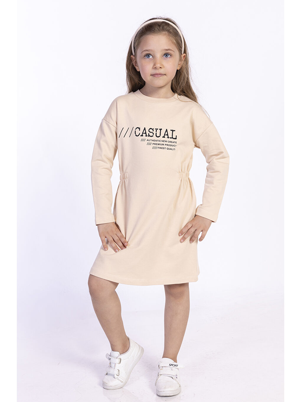 Bej Kız Çocuk Baskılı Elbise