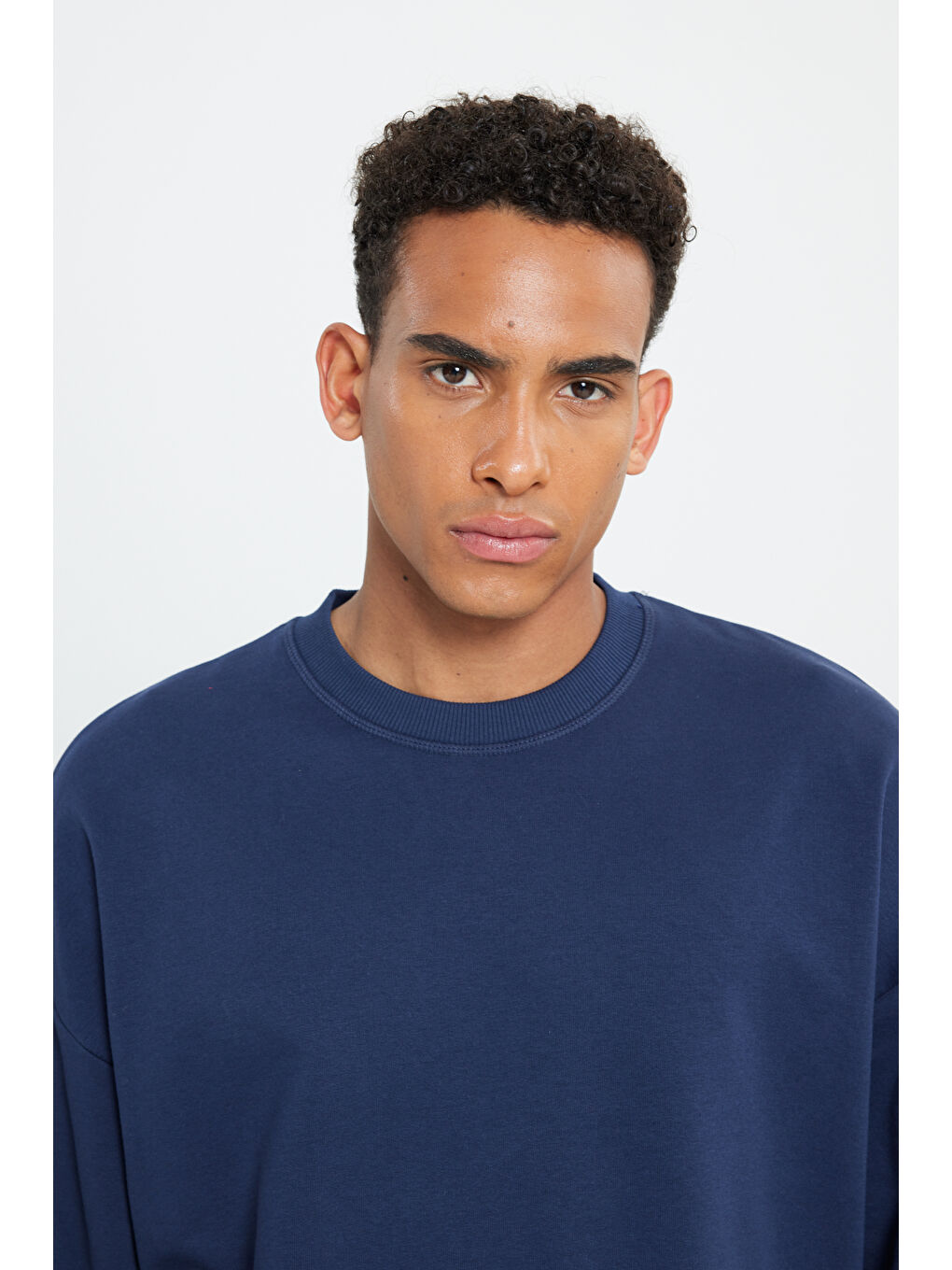 Erkek Lacivert Oversize Bol Kesim 3 İplik Bisiklet Yaka Pamuklu Sweatshirt-3