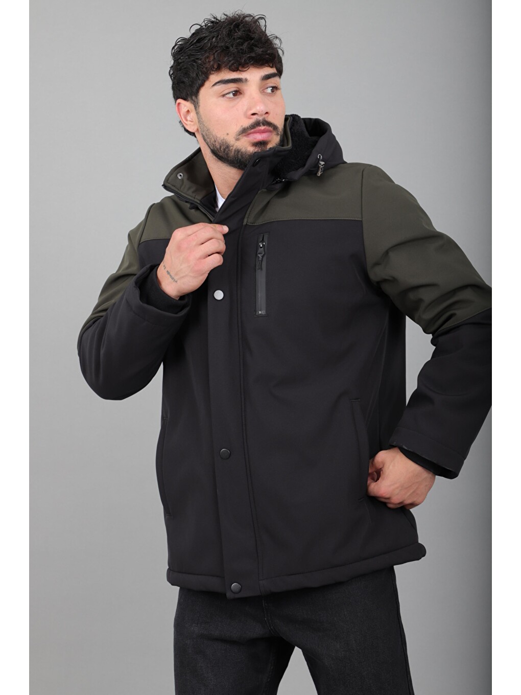 Haki Parçalı Outdoor Softshell Kışlık Mont Pldp 3038_50513-3
