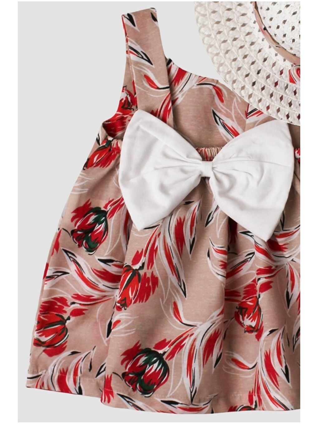 Bej Şapkalı Fiyonklu Kız Bebek Elbisesi-1