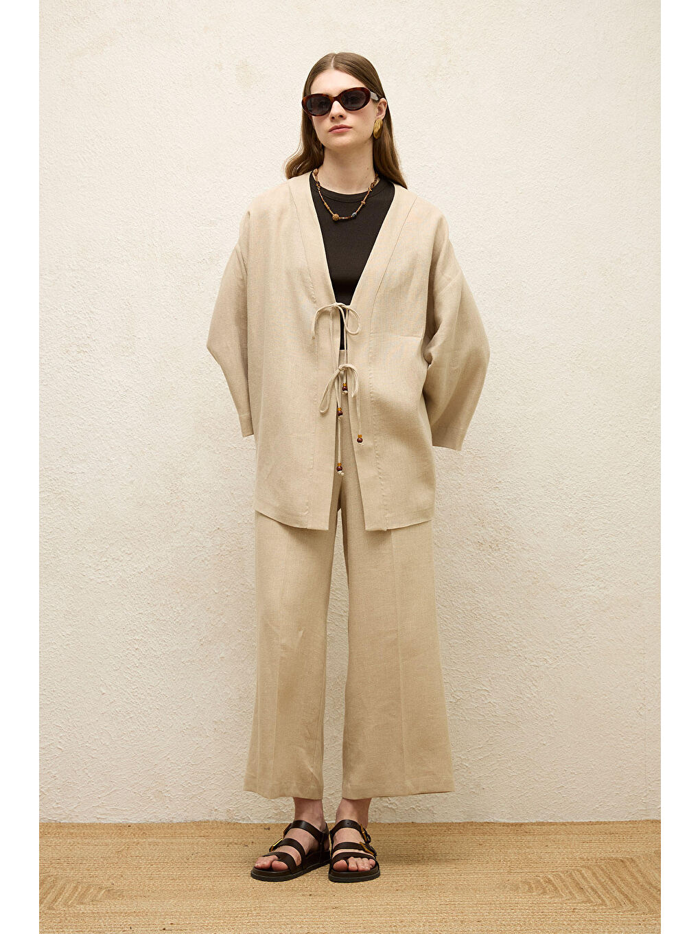 Bej ÜTÜ İZLİ KETEN PANTOLON NATURAL-2