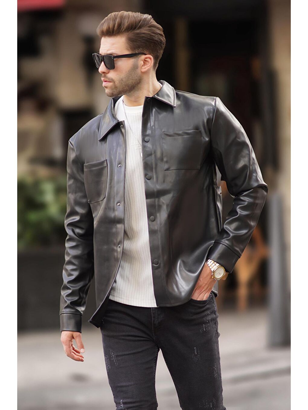 Siyah Cep Detaylı Suni Deri Düğmeli Gömlek Yaka Ceket 7218-4
