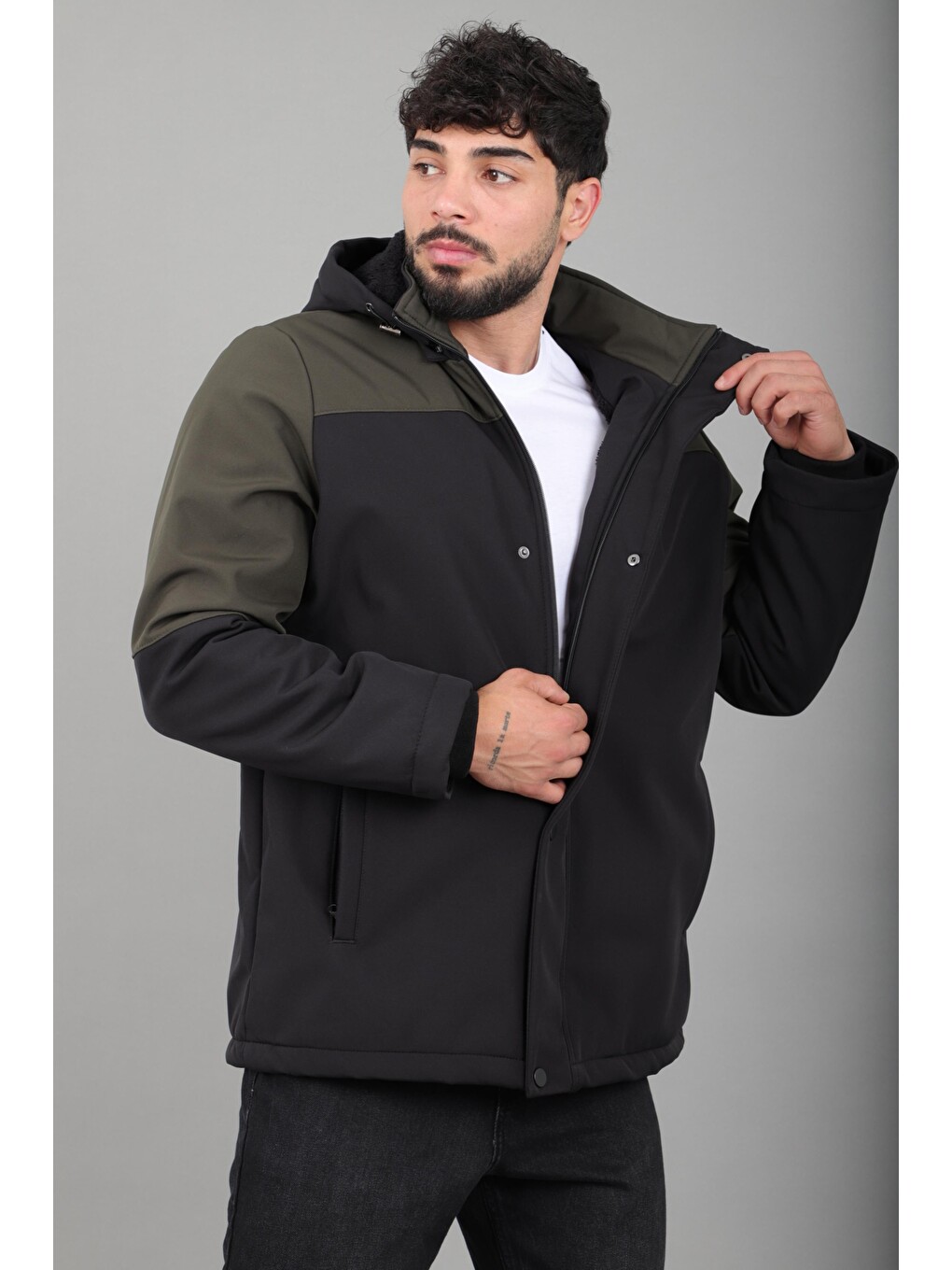Haki Parçalı Outdoor Softshell Kışlık Mont Pldp 3038_50513-4