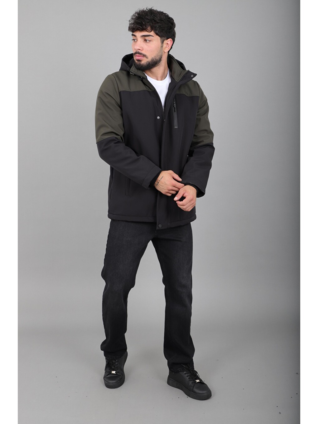 Haki Parçalı Outdoor Softshell Kışlık Mont Pldp 3038_50513-5