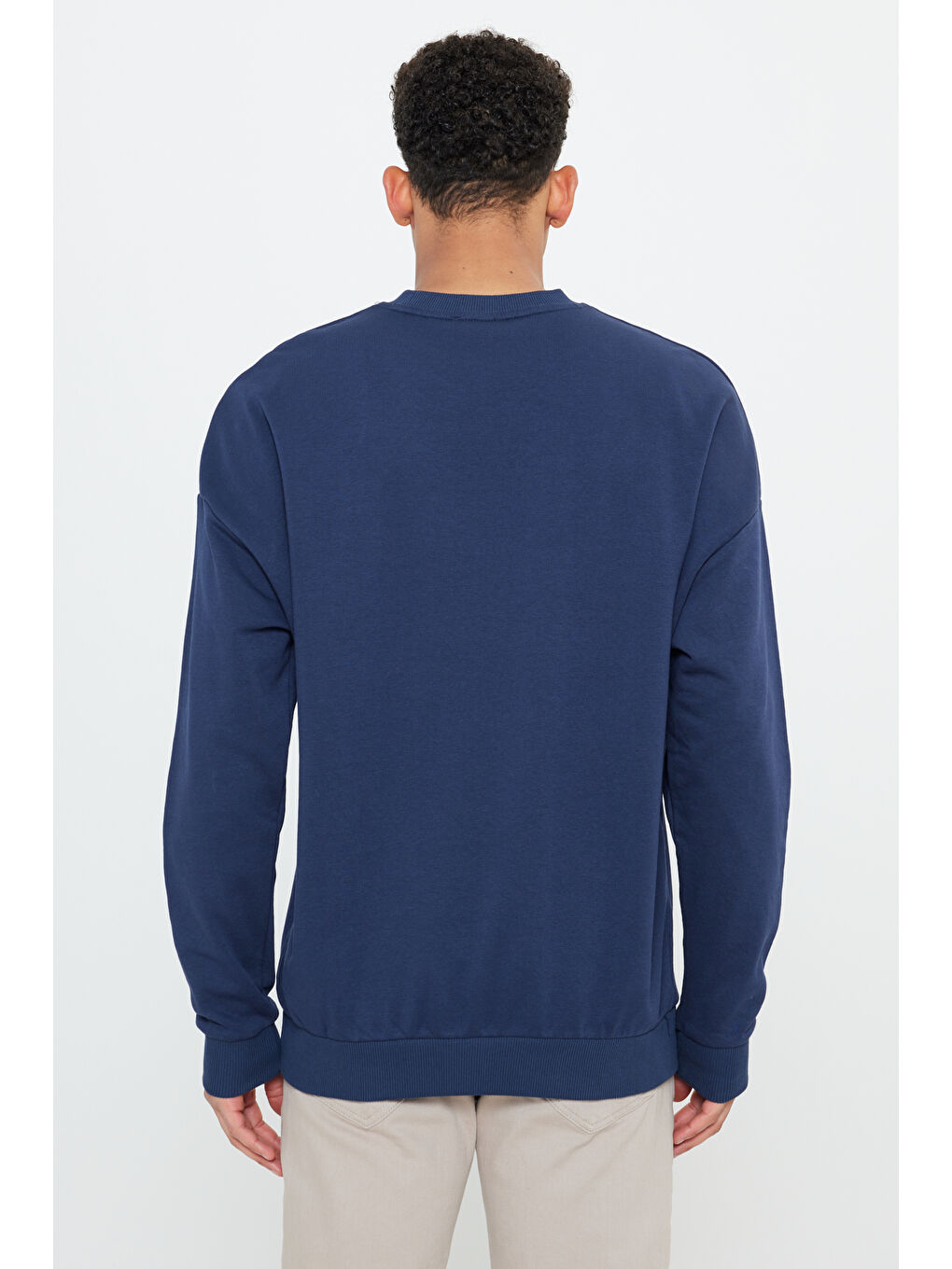 Erkek Lacivert Oversize Bol Kesim 3 İplik Bisiklet Yaka Pamuklu Sweatshirt-4