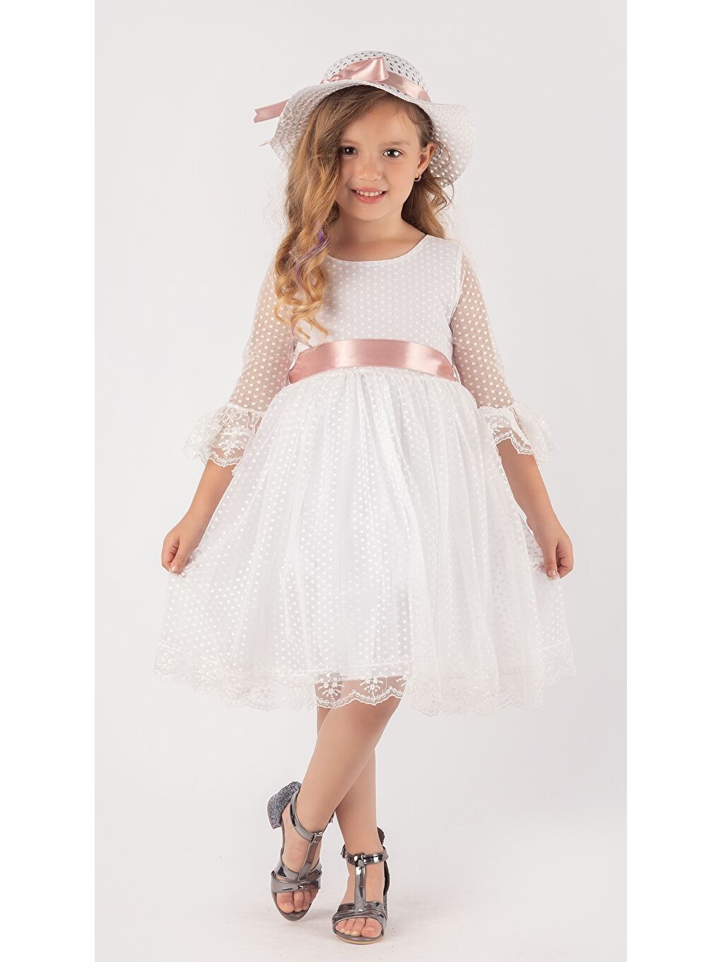 Beyaz Double Şapka Fiyonk Puantiyeli Dönem Elbise-3