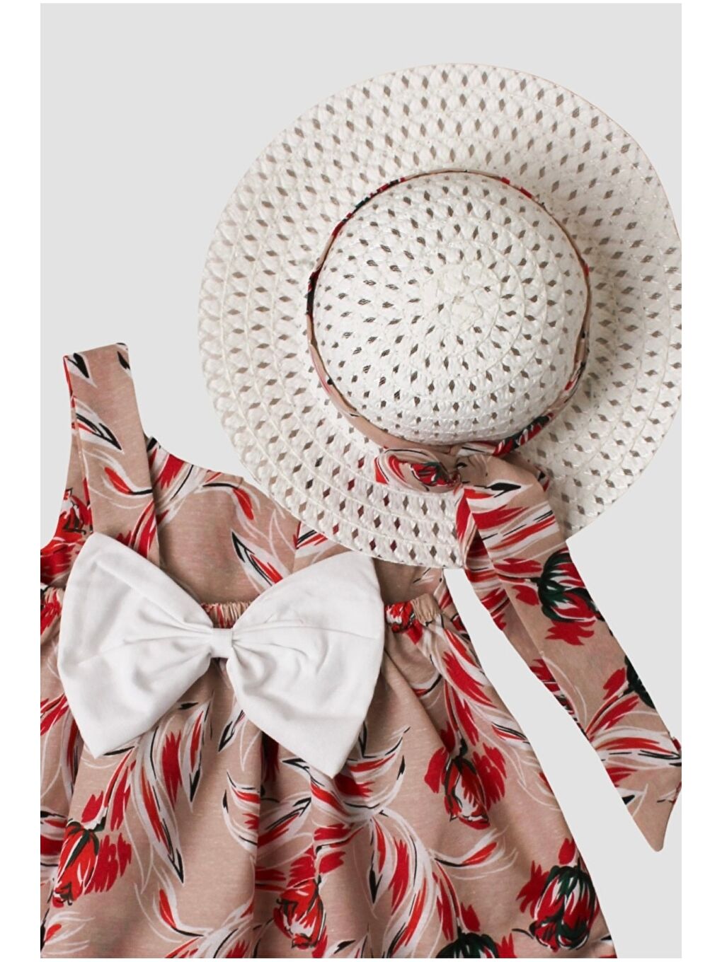 Bej Şapkalı Fiyonklu Kız Bebek Elbisesi-2