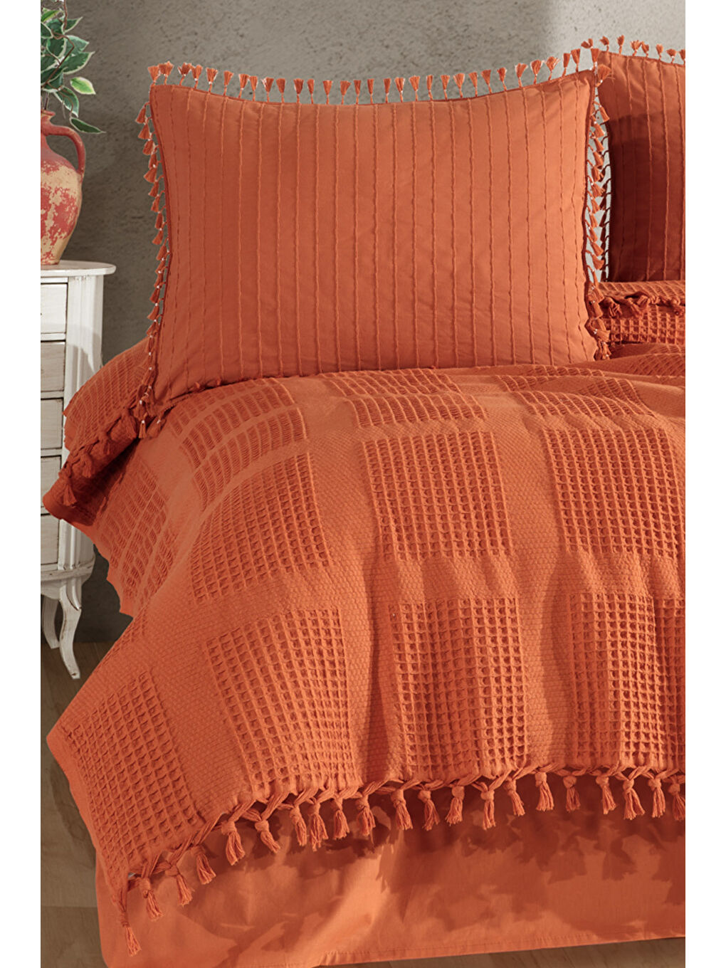 Kahverengi %100 Pamuk Çift Kişilik Püsküllü Pike Takımı Velda Kiremit-2