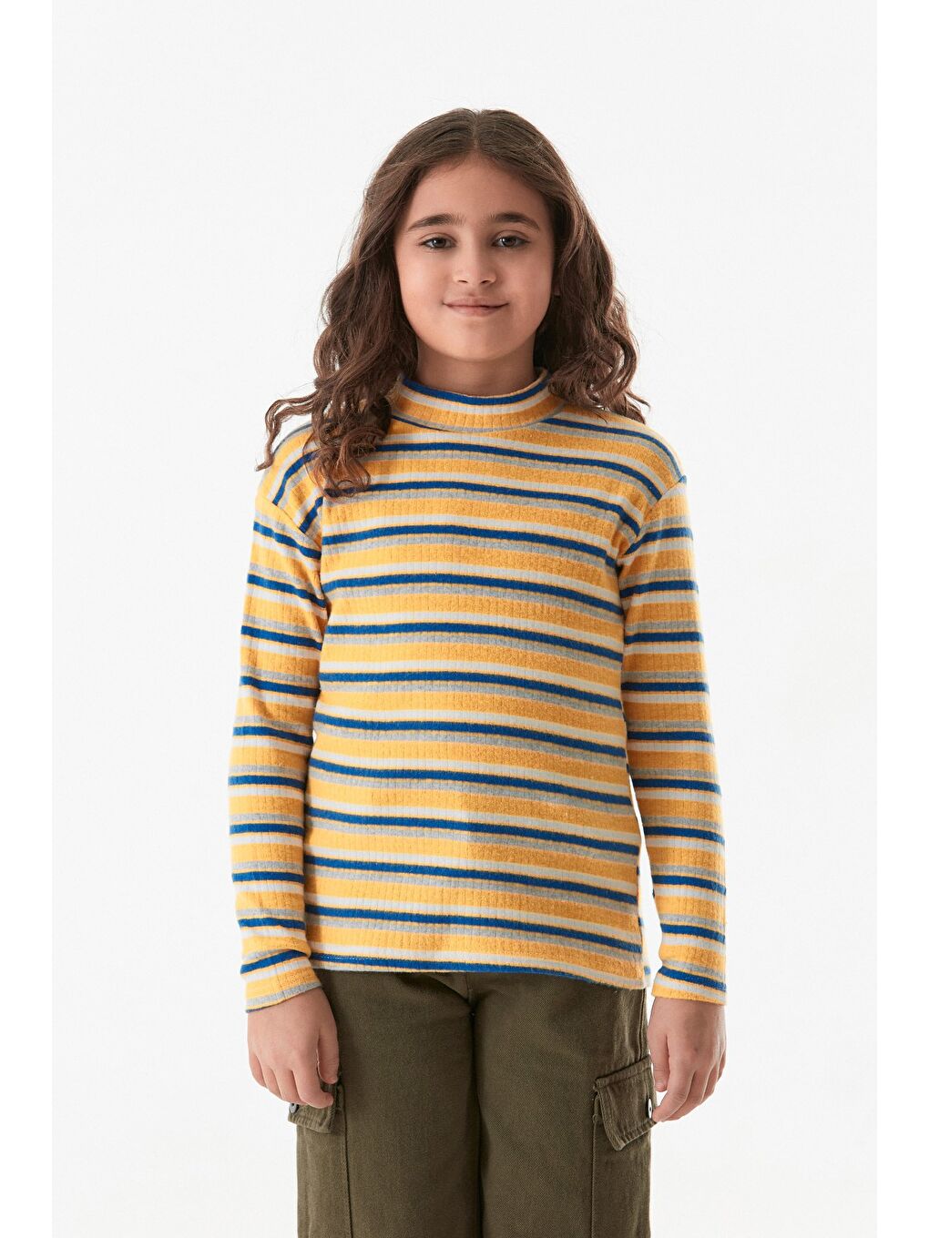 Sarı Çizgili Dik Yaka Kız Çocuk Body