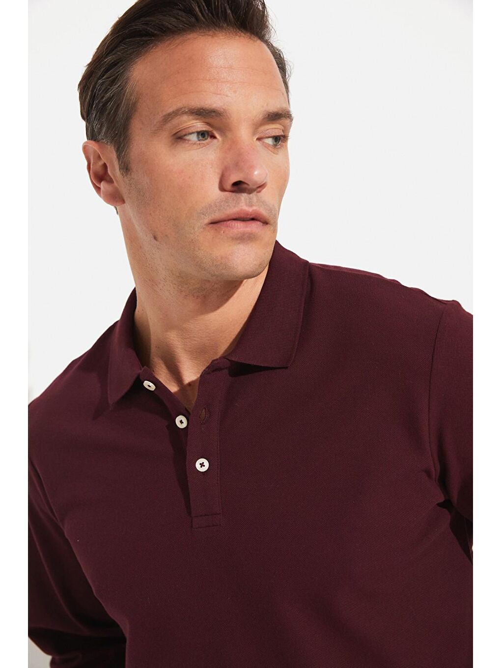 Mürdüm Polo Yaka Uzun Kollu Erkek Tişört-1