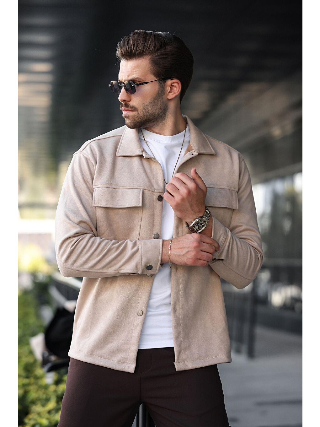 Bej Cep Detaylı Gömlek Yaka Ceket 6748-1
