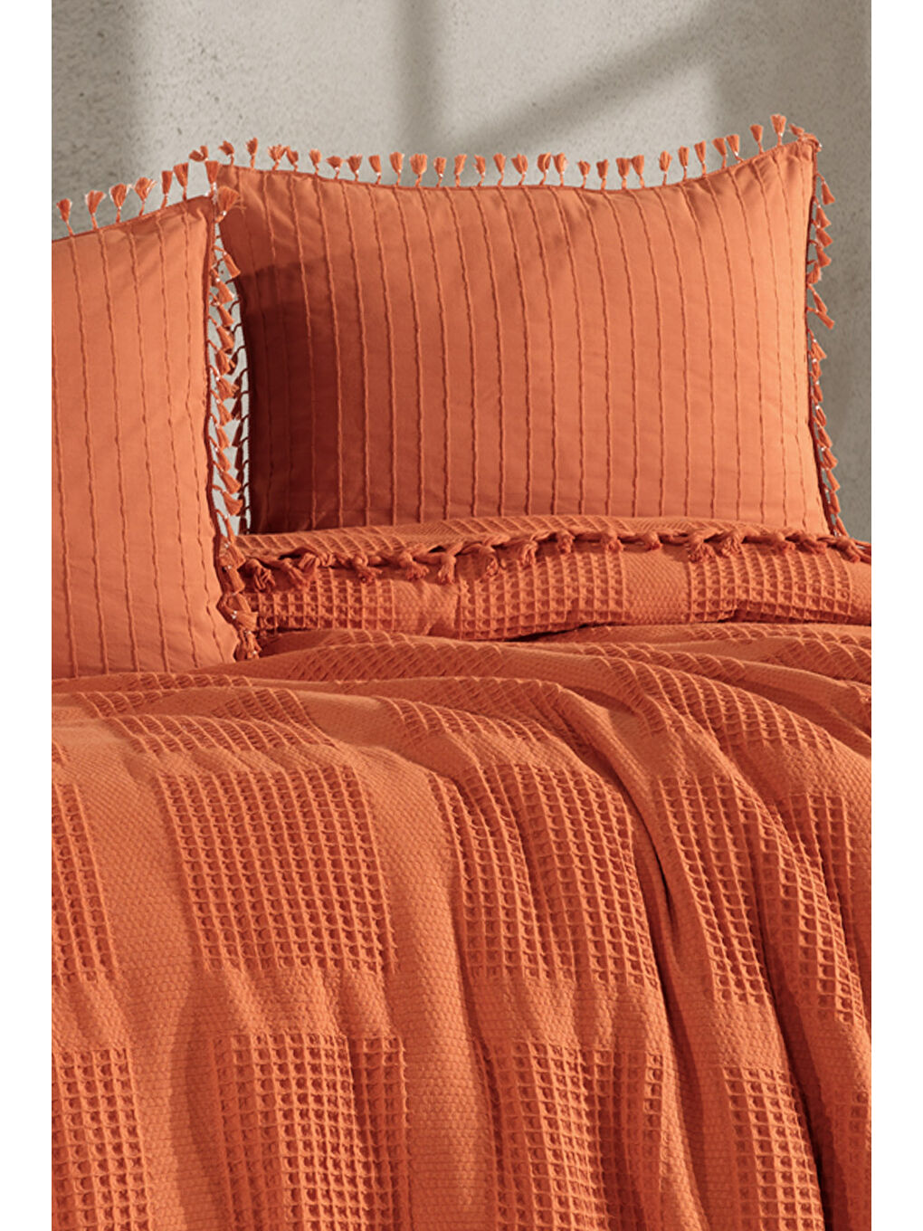 Kahverengi %100 Pamuk Çift Kişilik Püsküllü Pike Takımı Velda Kiremit-3