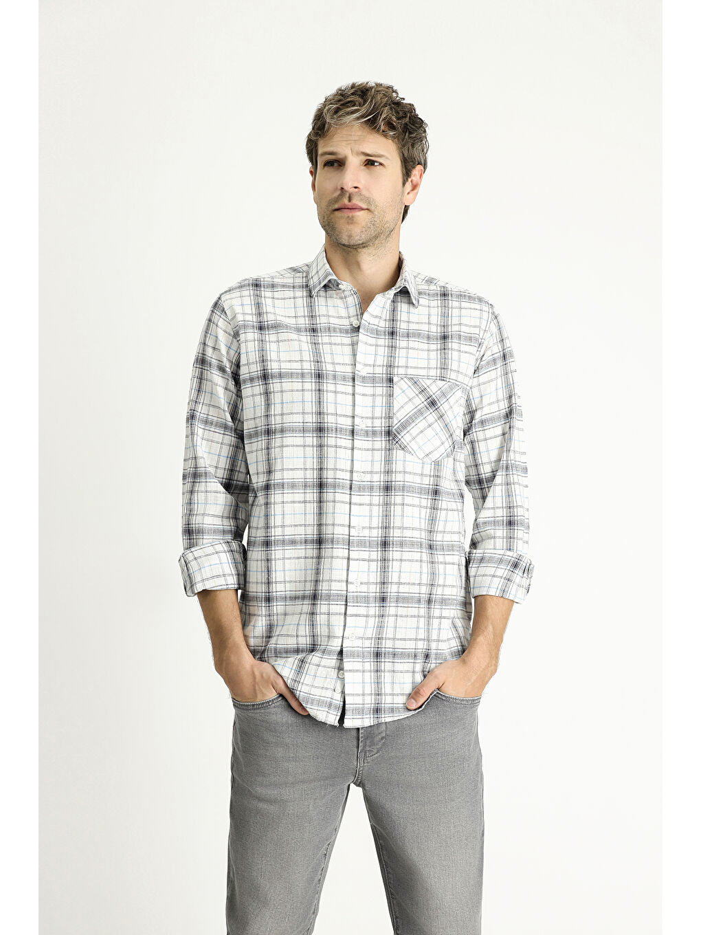 Beyaz Uzun Kol Regular Fit Ekose Pamuk Gömlek