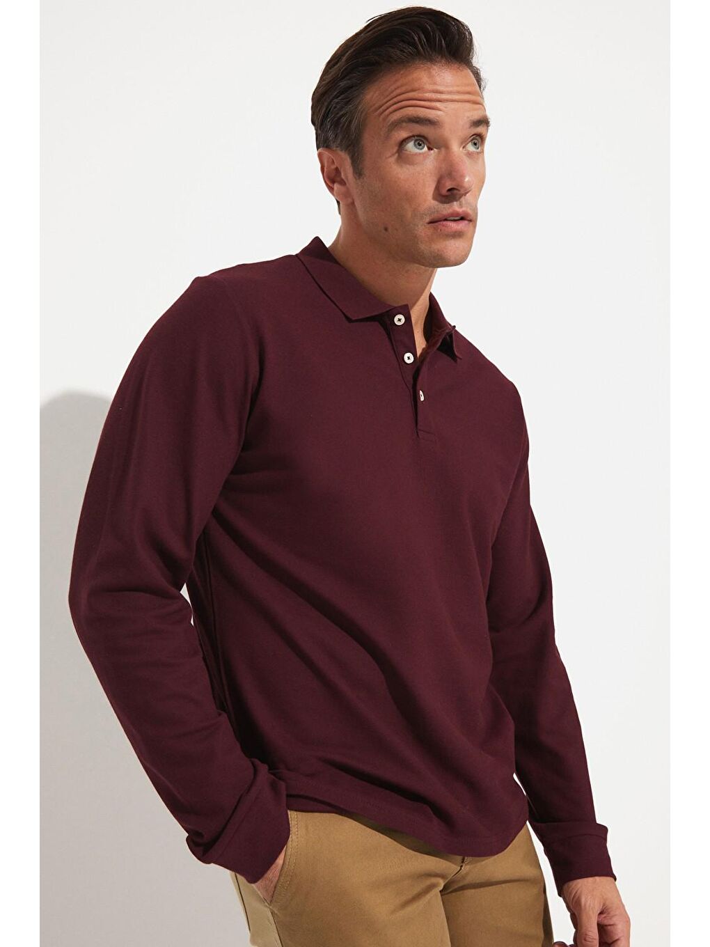 Mürdüm Polo Yaka Uzun Kollu Erkek Tişört-2