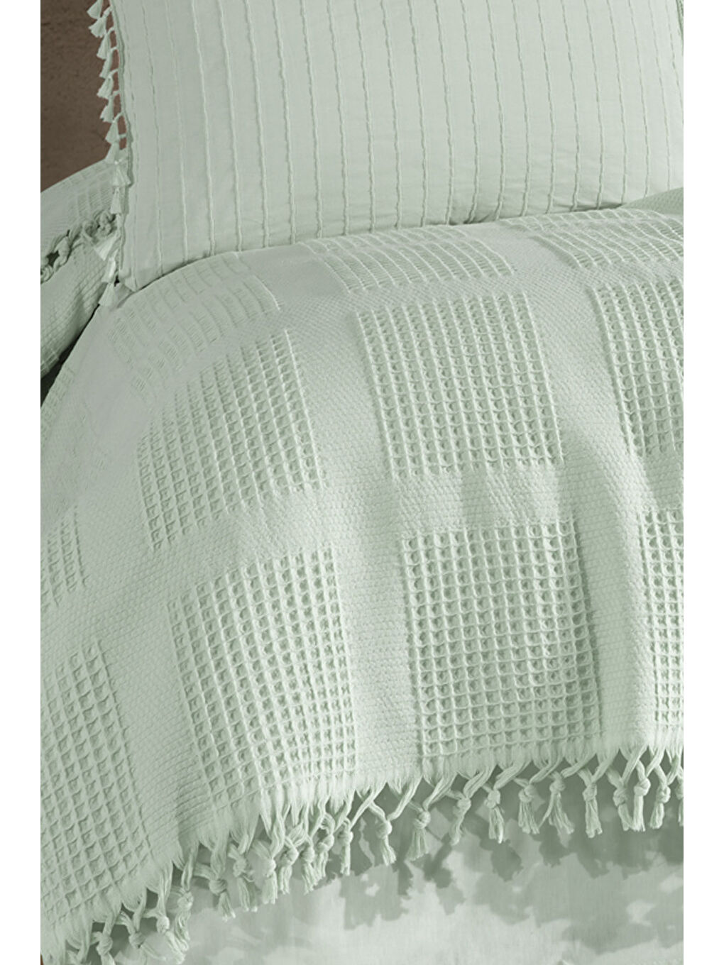 Yeşil %100 Pamuk Çift Kişilik Püsküllü Pike Takımı Velda Ada Çayı-2