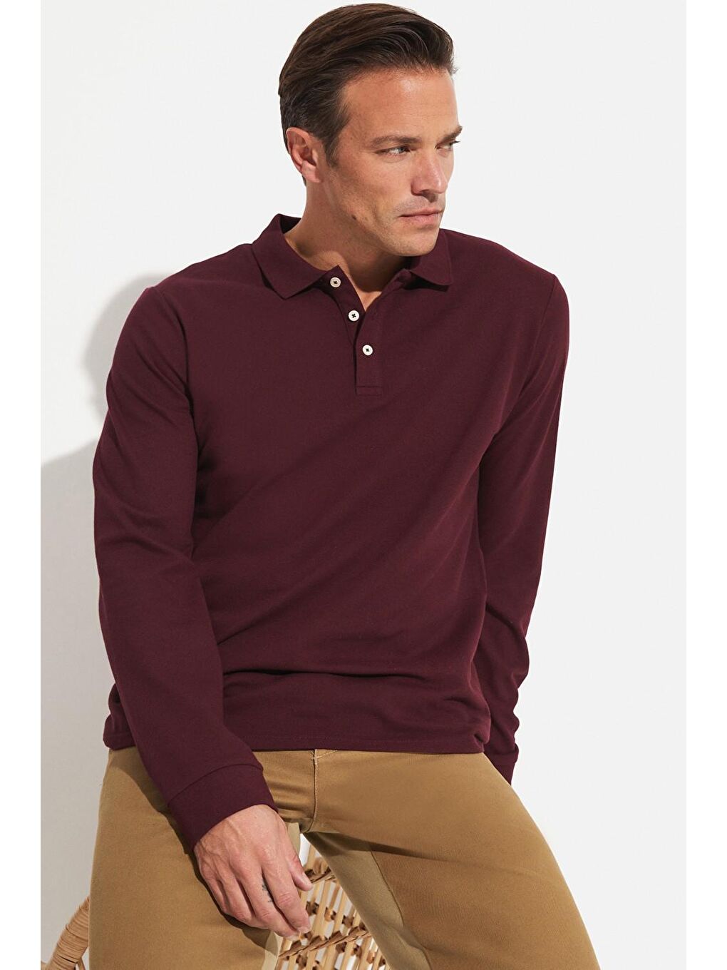 Mürdüm Polo Yaka Uzun Kollu Erkek Tişört-3