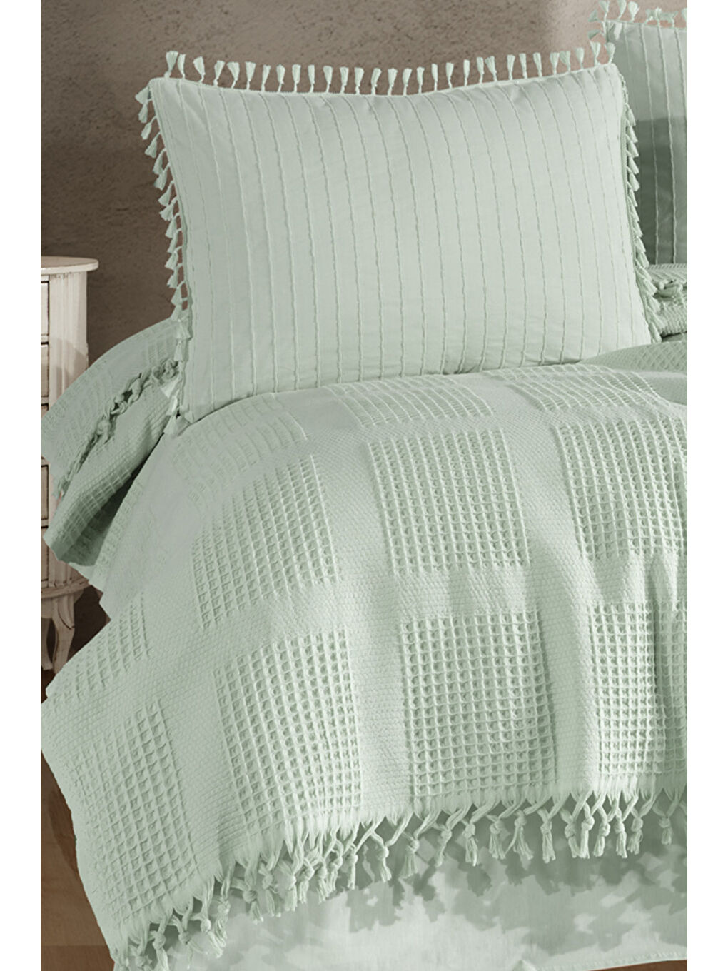 Yeşil %100 Pamuk Çift Kişilik Püsküllü Pike Takımı Velda Ada Çayı-3