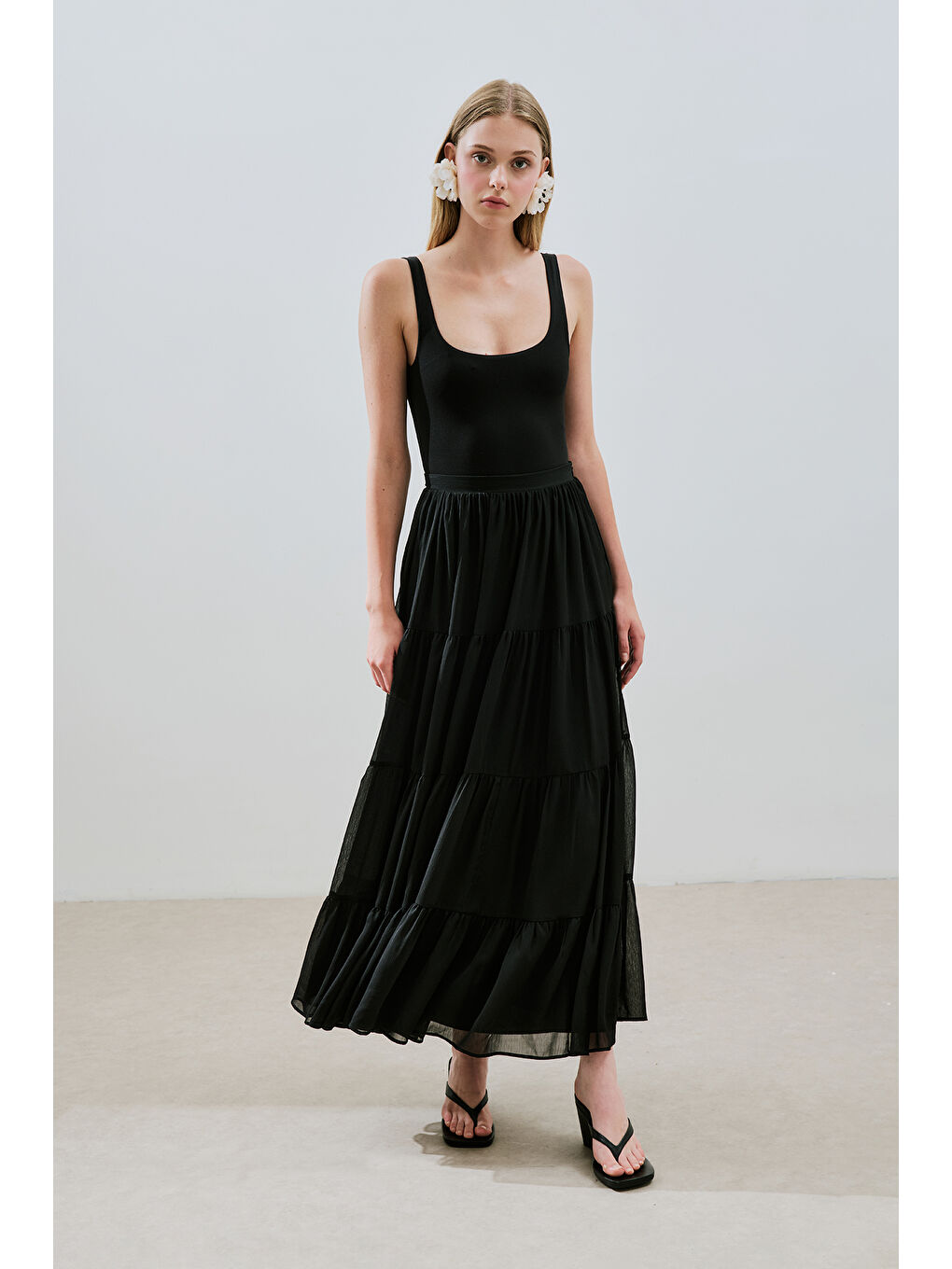 Uzun Büzgülü Şifon Etek Siyah