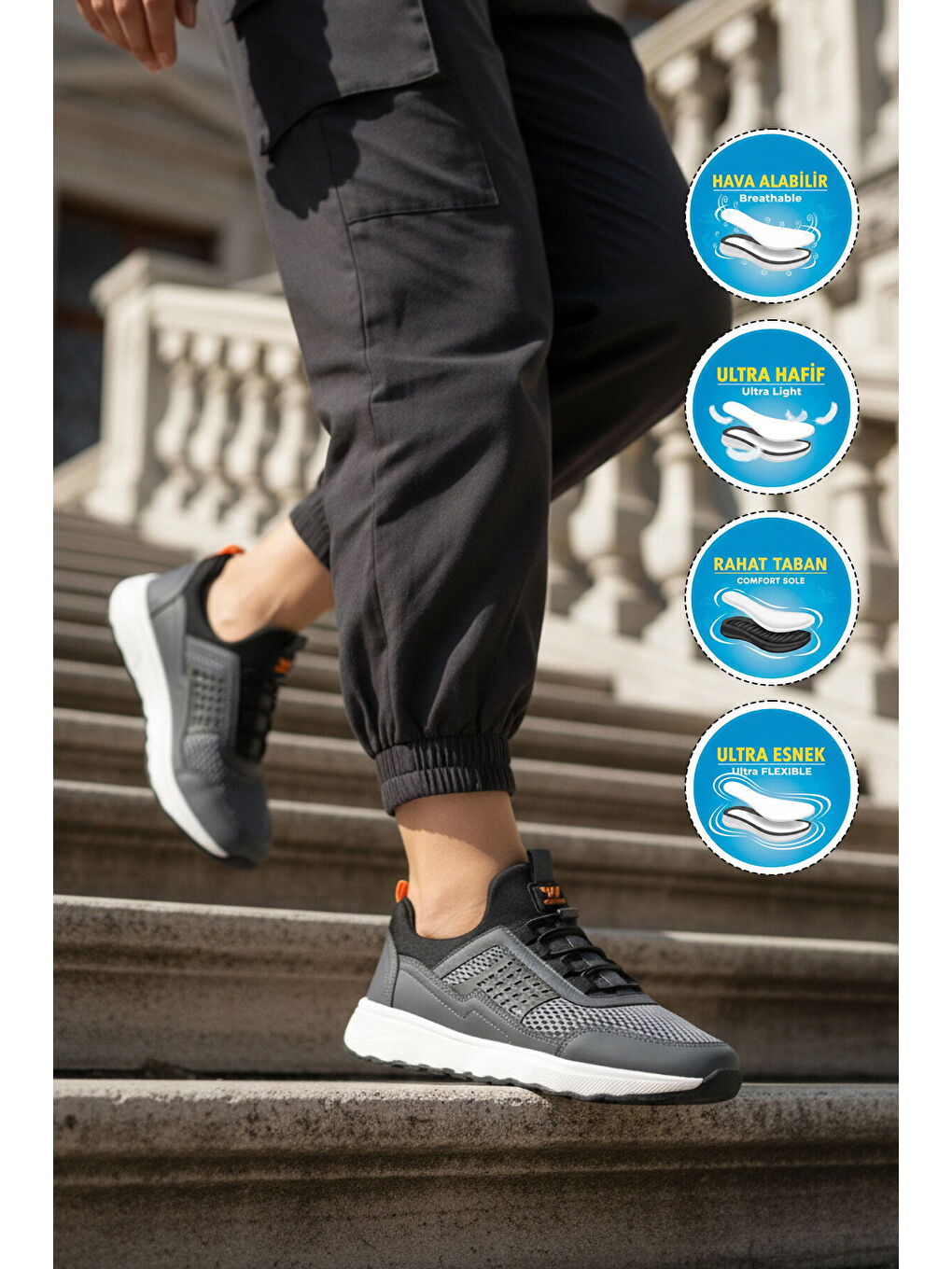 Gri Füme Fileli Hafif Esnek Lastik Bağcıklı Erkek Spor Ayakkabı Motano M-2