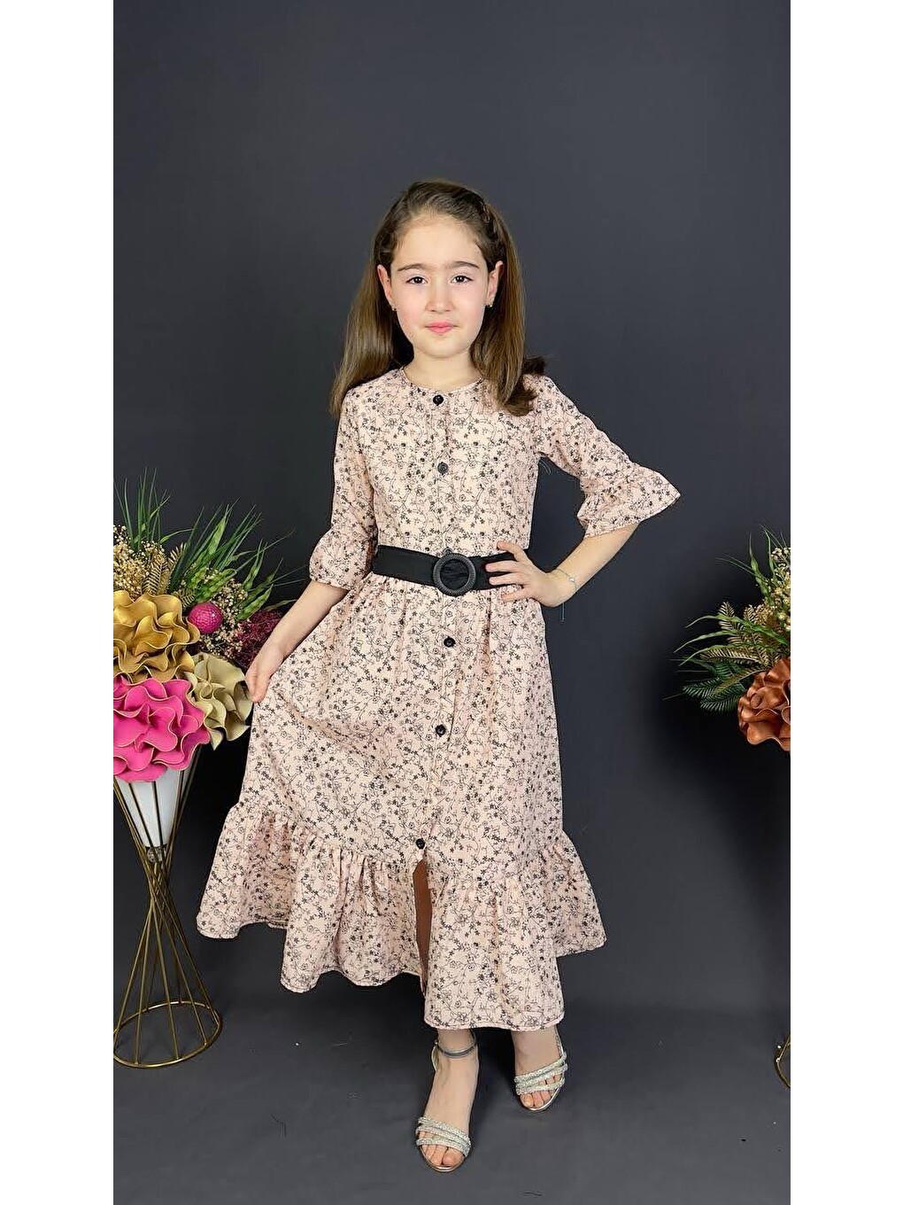 Pembe Vintage Basma Kız Çocuk Elbise MNK0299-4